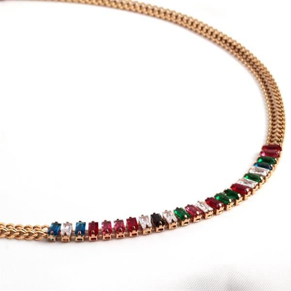 Çok Renkli Taşlı Yassı Model Desenli Gold Zincir Kolye