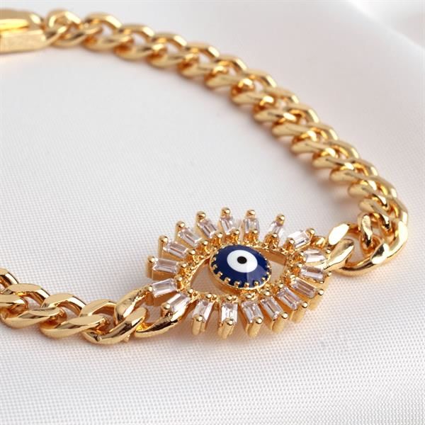 Taşlı Göz Boncuklu Gold Bileklik