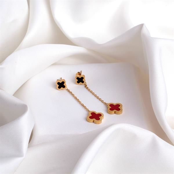 Van Cleef Kırmızı Siyah Çelik Sallantılı Küpe