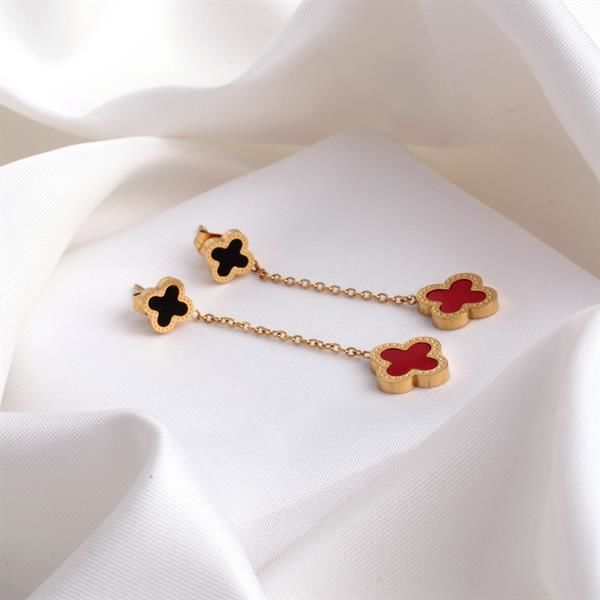 Van Cleef Kırmızı Siyah Çelik Sallantılı Küpe