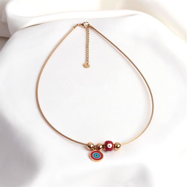 Kırmızı Mineli Gözlü Gold Charm Kolye
