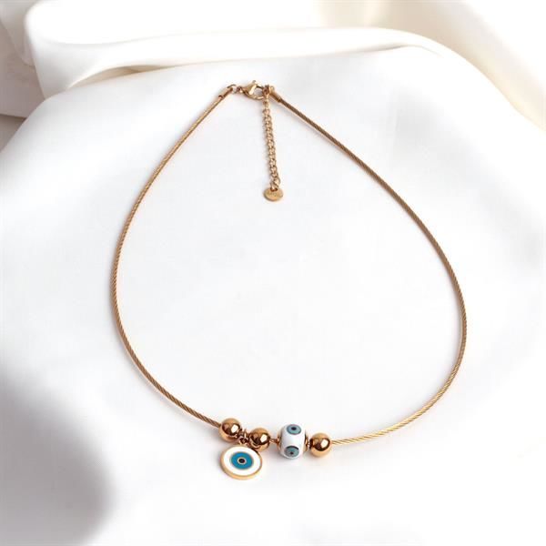 Mavi Mineli Gözlü Gold Charm Kolye