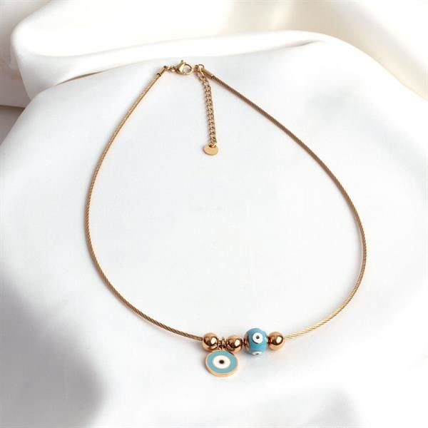 Beyaz Mineli Gözlü Gold Charm Kolye