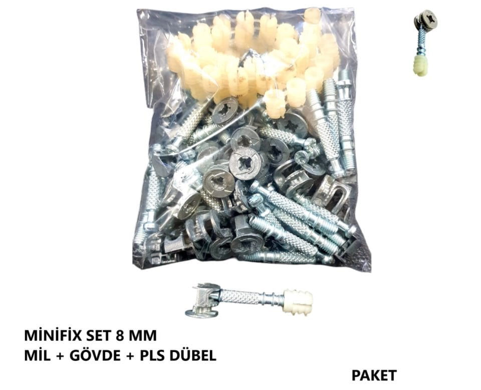 MİNİFİX TAKIM 8 MM MİL + GÖVDE + PLS DÜBEL PK 50 ADET