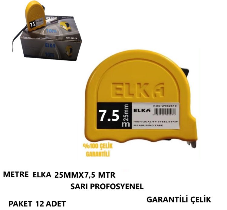 METRE ELKA SARI 25 MMX7,5 METRE ÇELİK GARANTİLİ