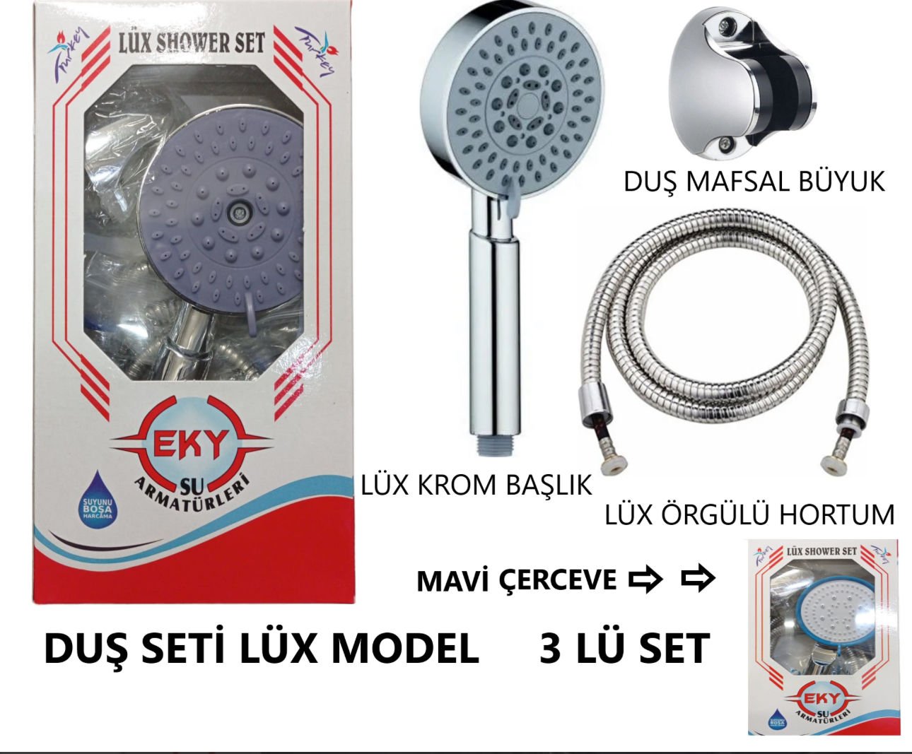 DUŞ SETİ LÜX ÖRGÜLÜ HORTUM LÜX BAŞLIK MAFSAL SET MAVİ